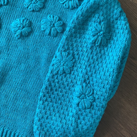 Calligraphie teal knit sweater with daisies sz L - Picture 4 of 5